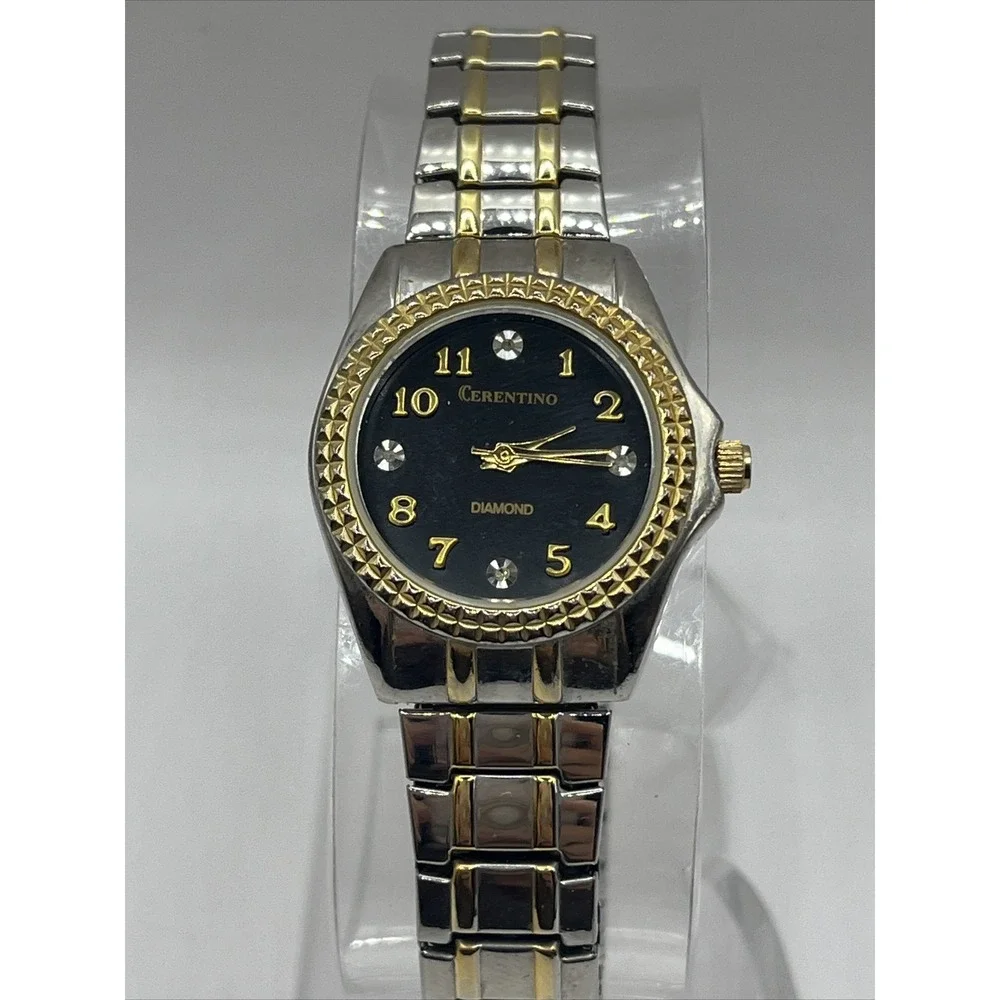 Cerentino Diamond Woman's Quartz Watch Two Tone, Black Dial-‎ New Battery